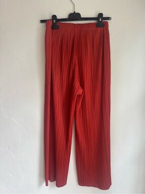 Pleats Please Issey Miyake Red Pleated Wide-Leg Pants
